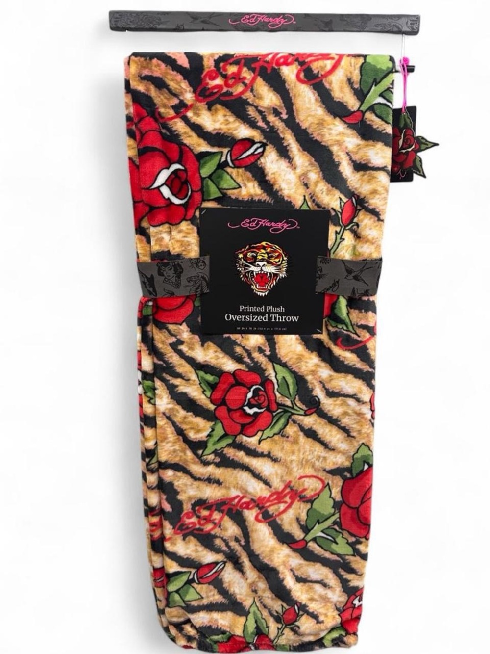 Ed Hardy Oversized Printed Plush Throw Blanket, Tiger stripes & roses